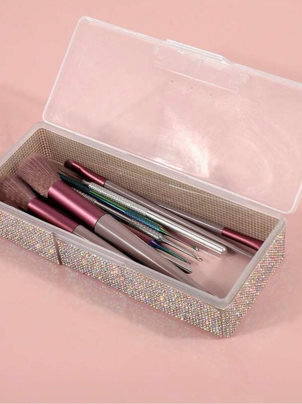 Crystal Rhinestone Makeup Brush Storage Box - Sliver
